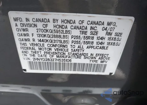 2007 Acura Mdx Technology Package from USA, damaged, VIN 2HNYD28327H535106